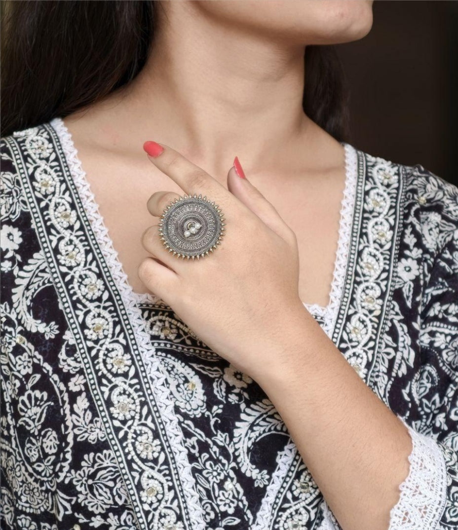 Ethnic Style Round Adjustable Oxidized Ring,Best Pearl Work
