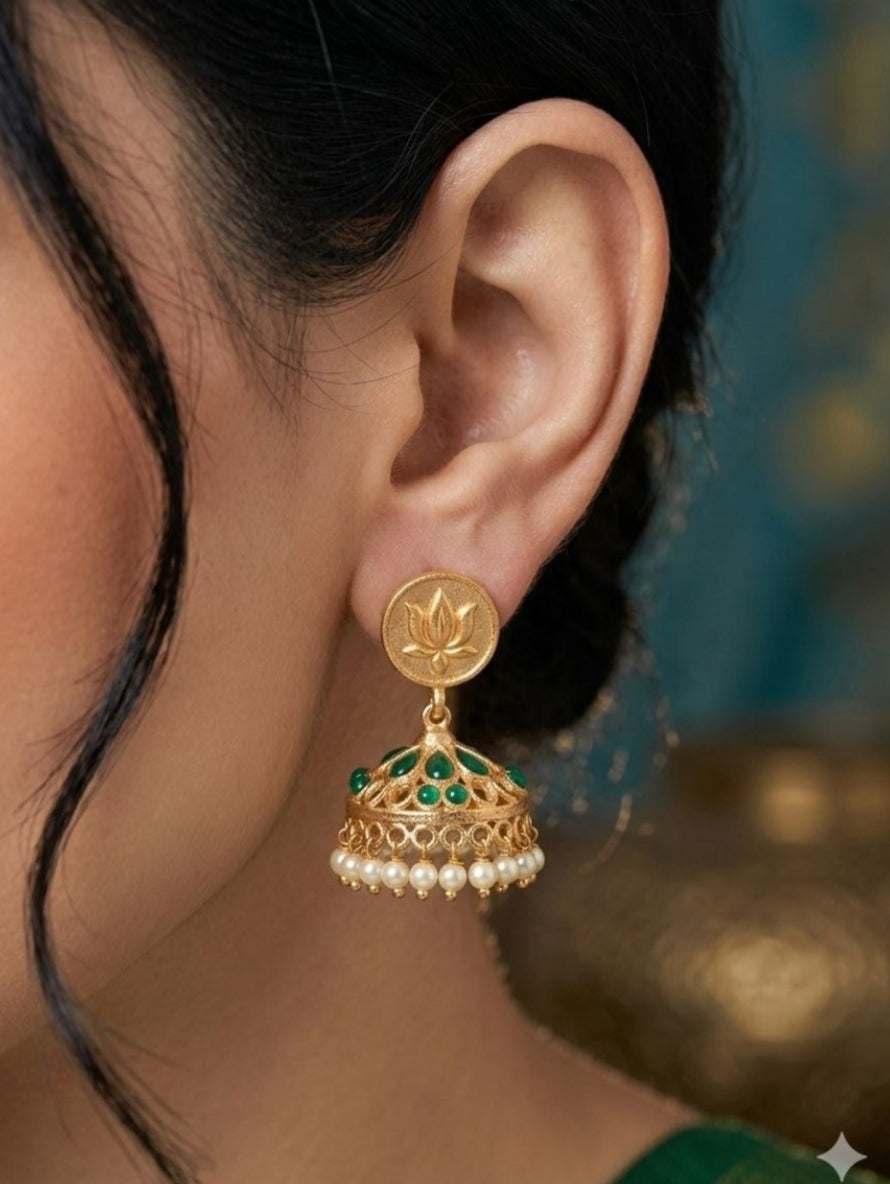 Zunyra Golden Jhumka Elegant Stunning Design for Graceful Ethnic Emerald