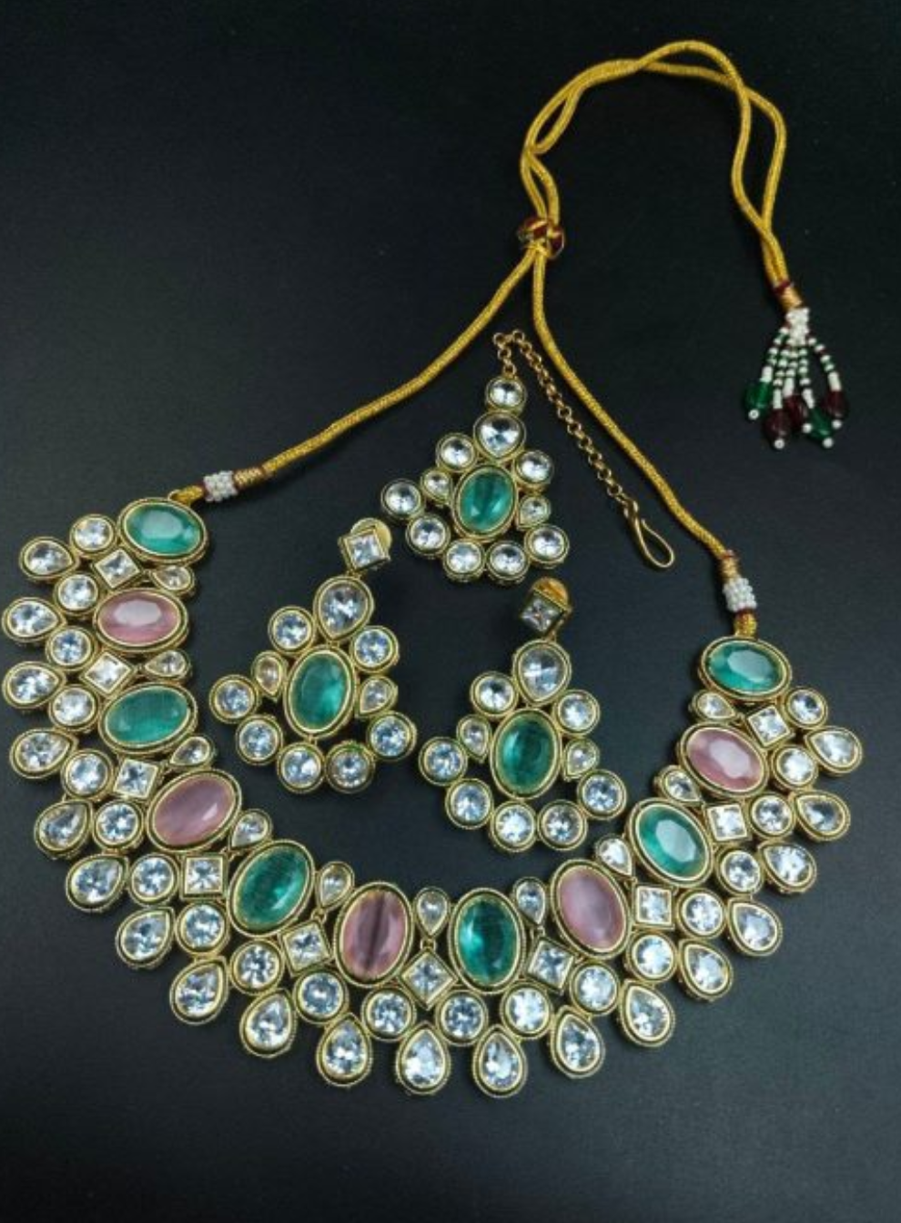 Gold Plated Stone Choker Necklace Set with Maangtikka - Zunyra ethnic jewelry