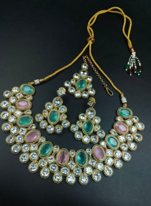Gold Plated Stone Choker Necklace Set with Maangtikka