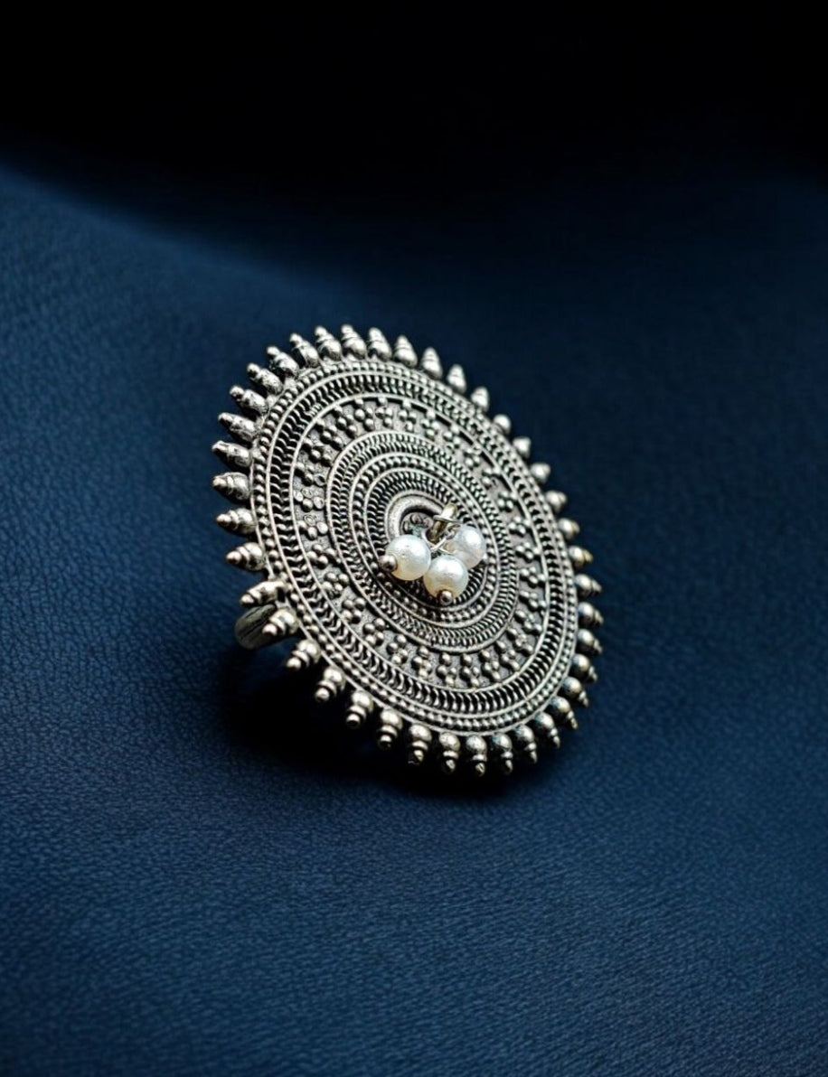 Ethnic Style Round Adjustable Oxidized Ring,Best Pearl Work